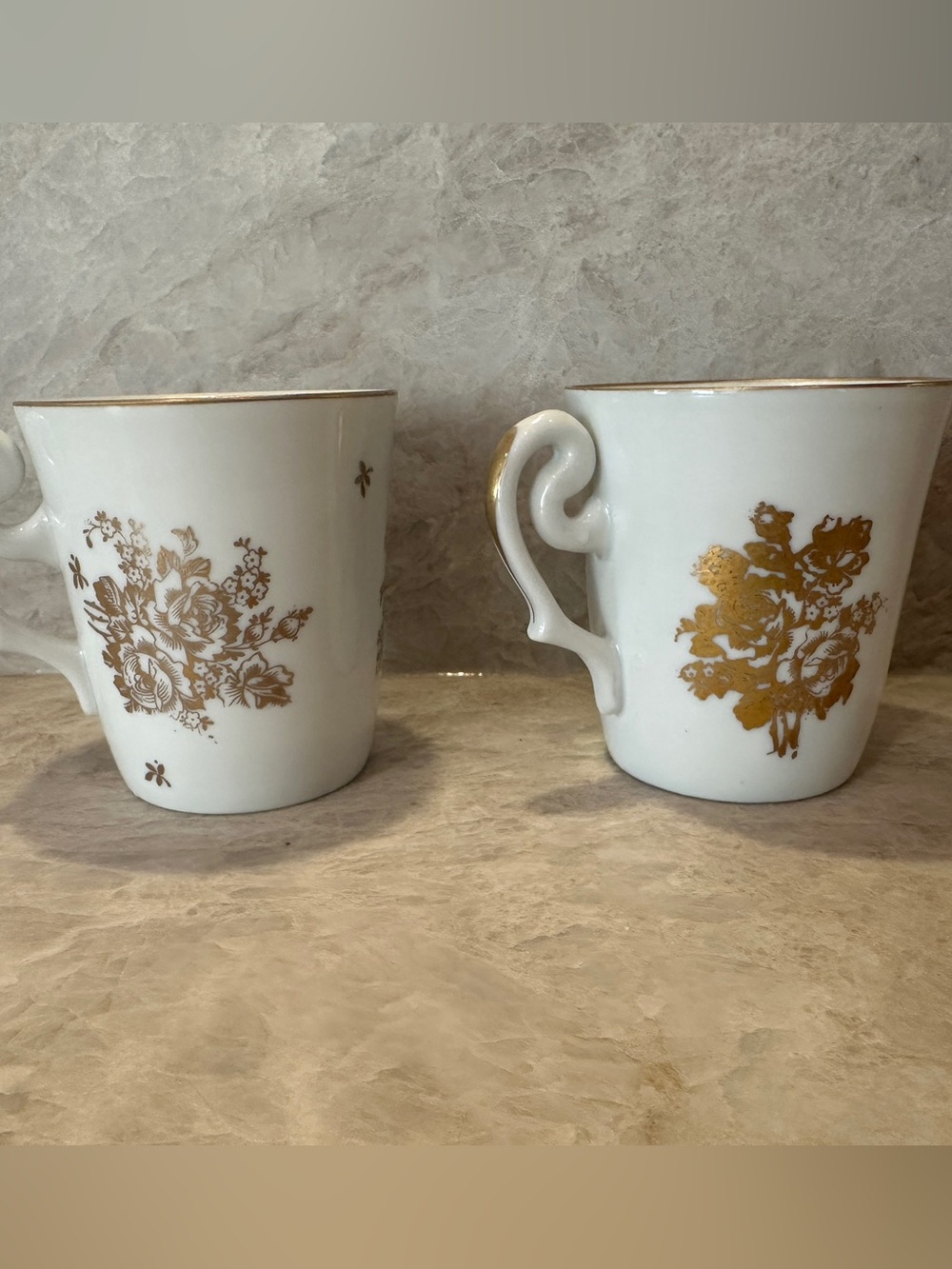 Vintage French Porcelain Floral Coffee Mugs Set of 2 Gold Trim